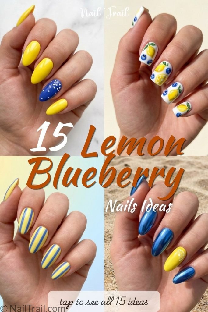 lemon blueberry nails yellow blue almond square fruit art stripe chrome dot glossy summer collage