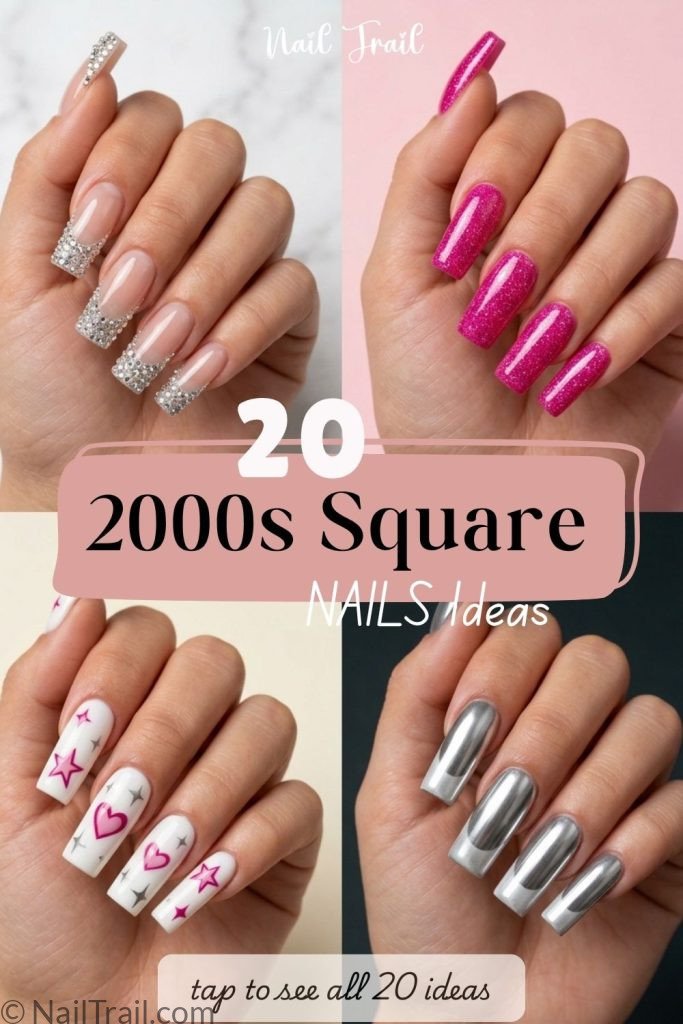 2000s square nails long square shape rhinestone glitter y2k chrome hot pink glossy gel finish