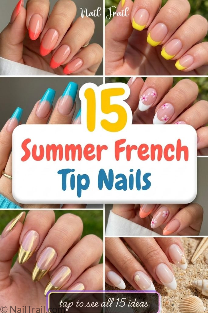 summer french tip nails coral yellow turquoise floral chrome milky collage glossy summer
