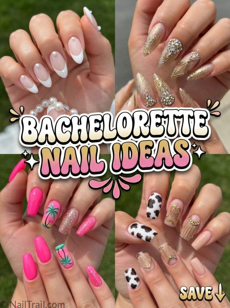 bachelorette nail ideas collage white gold pink western glossy bubble text