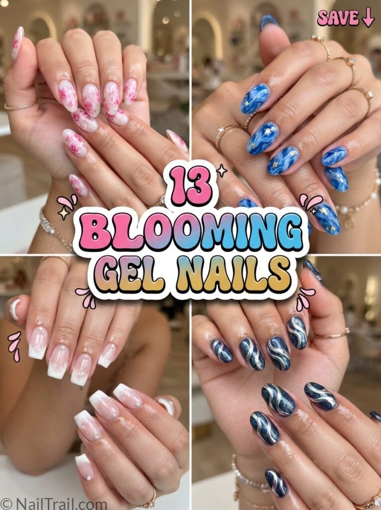 blooming gel nails designs collage pink blue french tip chrome glossy bubble text