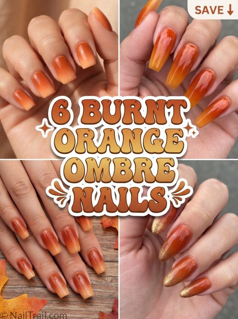 burnt orange ombre nails collage short long acrylic glitter almond glossy bubble text