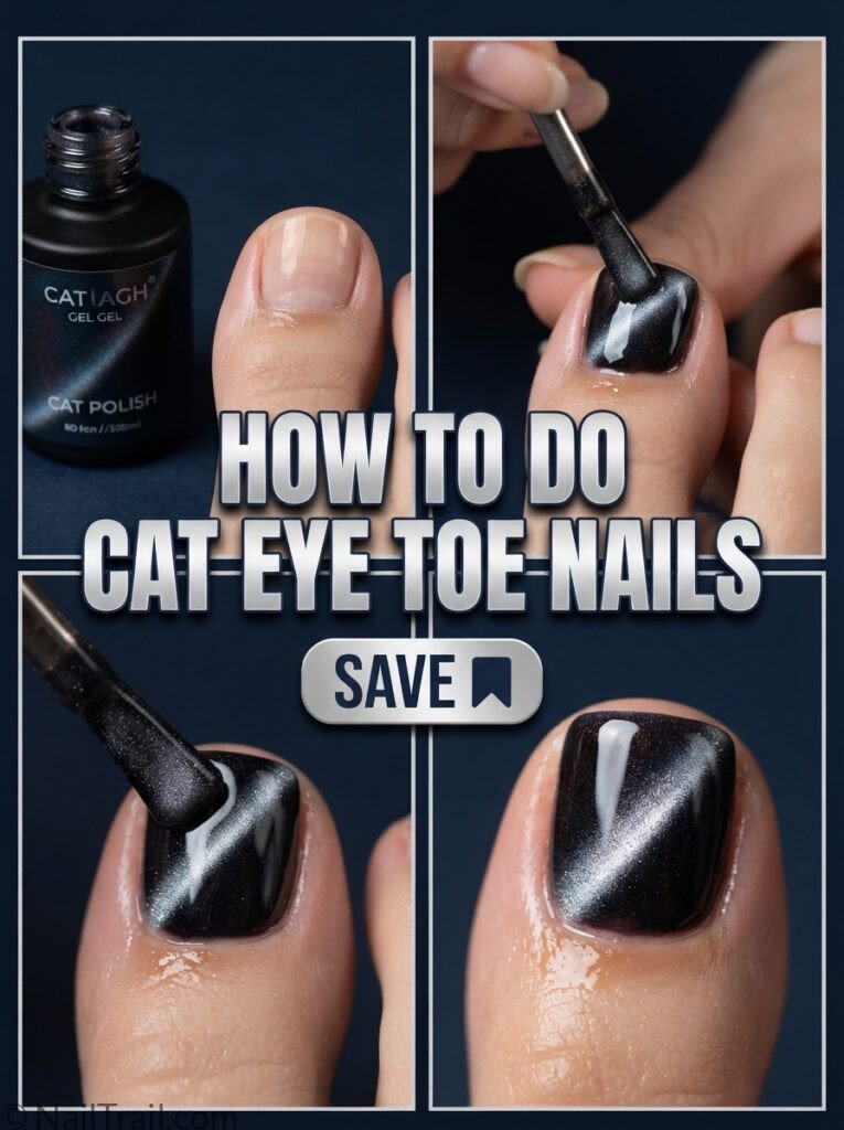 how to do cat eye toe nails tutorial silver magnetic shine step by step 2026