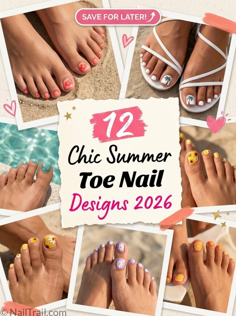 summer toe nails 2026 12 hibiscus palm tree daisy ocean wave watermelon chrome unique designs collage