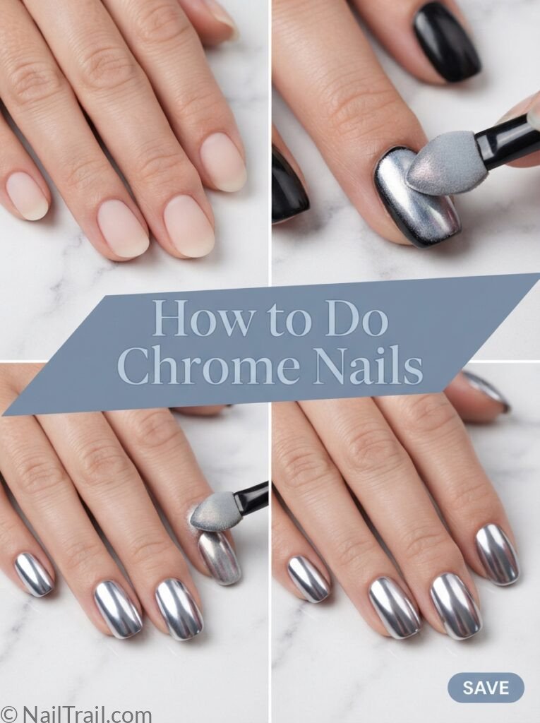 Collage showing how to do chrome nails from matte base to mirror-shine finish