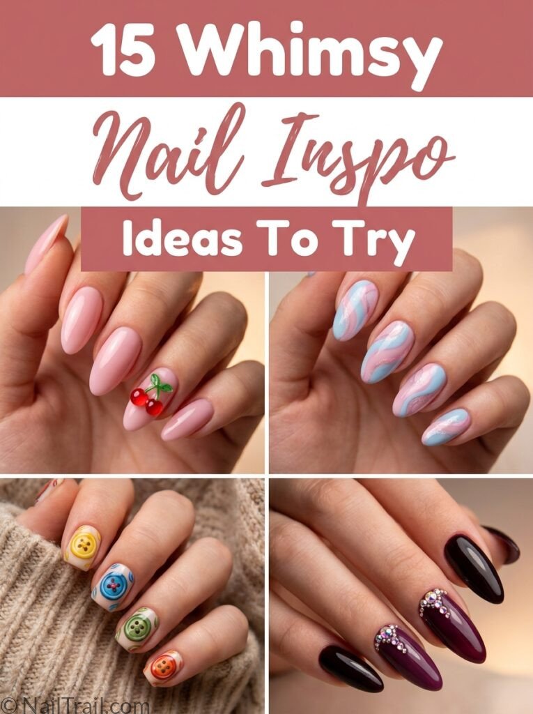 whimsy nail inspo 15 mismatched colorful 3D charm button dark almond short square 2026 playful collage