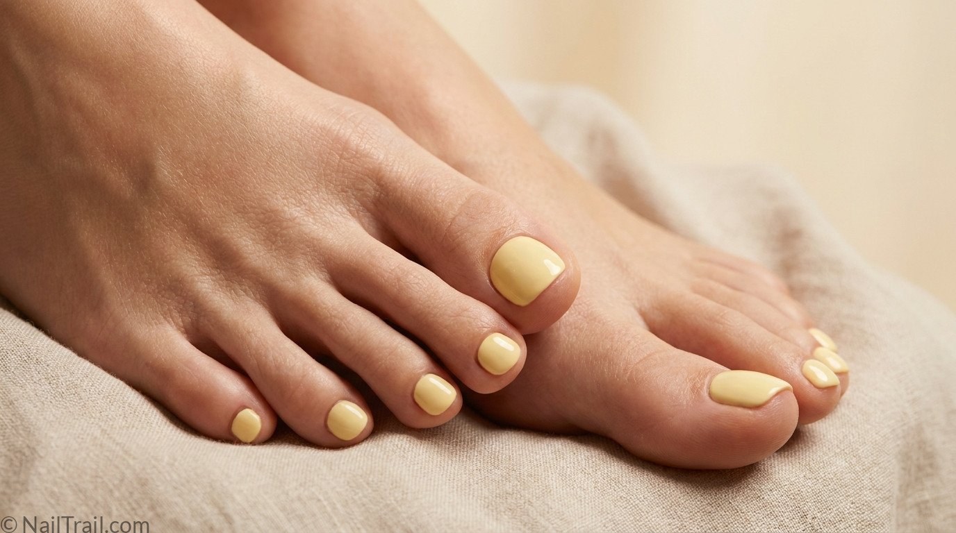 butter yellow toe nails glossy short round pedicure soft creamy 2026 pop of color