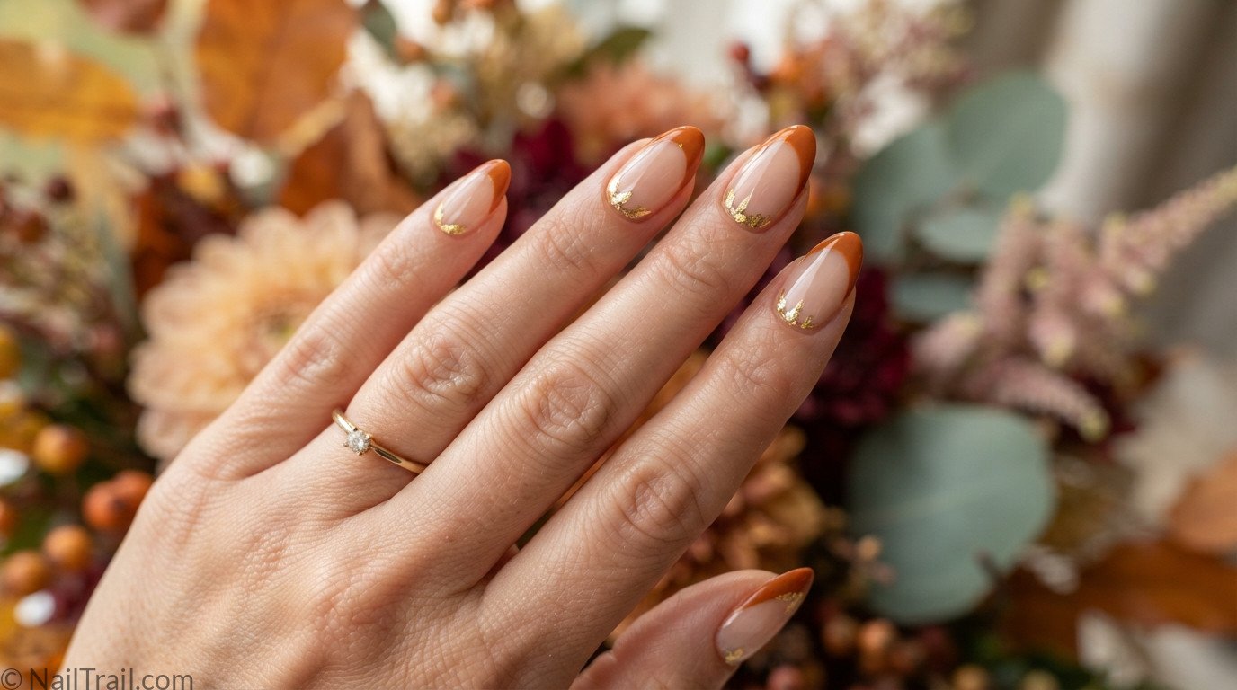 fall wedding nails nude almond orange french tip gold leaf autumn 2026 bride elegant stunning