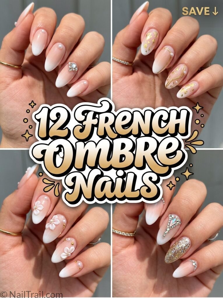 french ombre nails with design collage pearl gold 3d flower rhinestone glossy bubble text