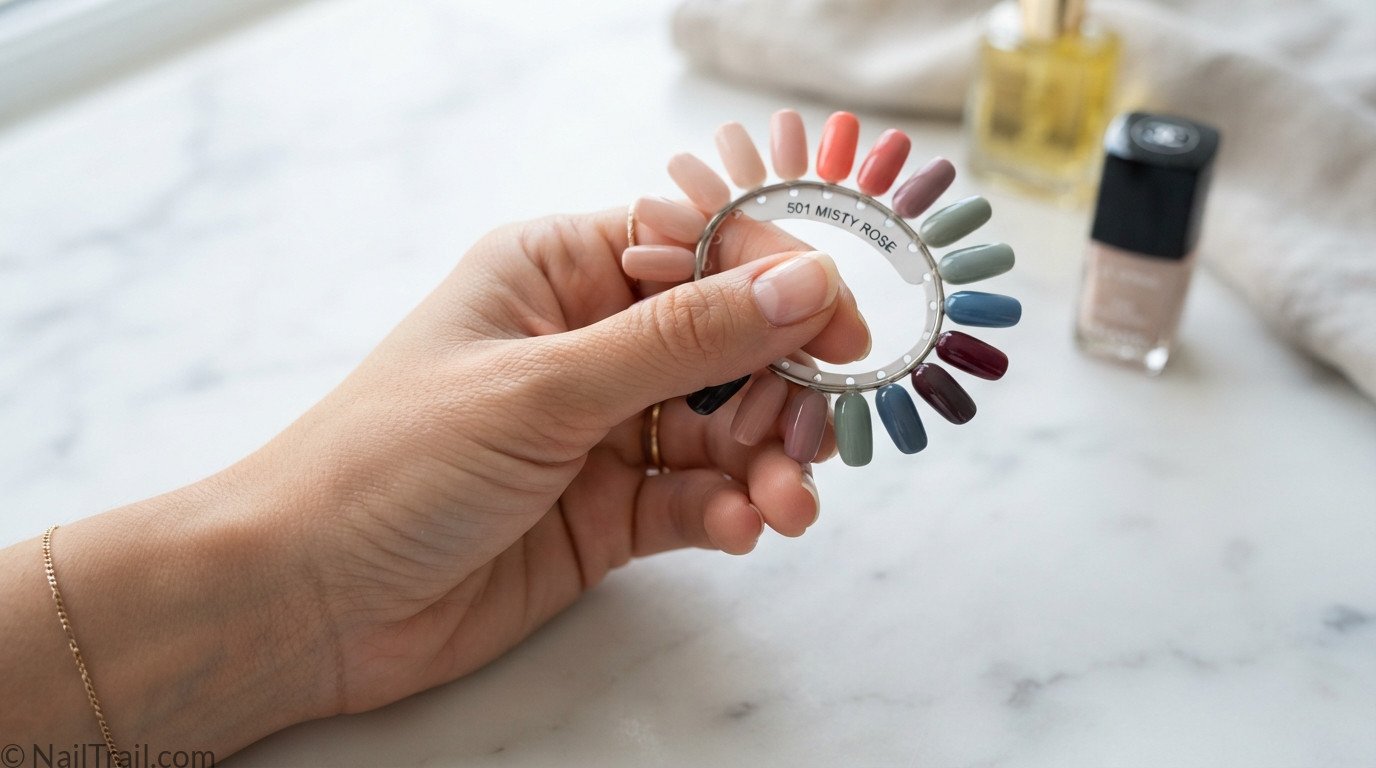hand comparing trending nail color swatches against bare nails