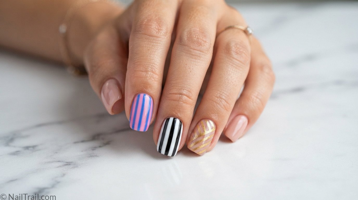 nail inspo stripes pink blue black white gold diagonal glossy variety elegant