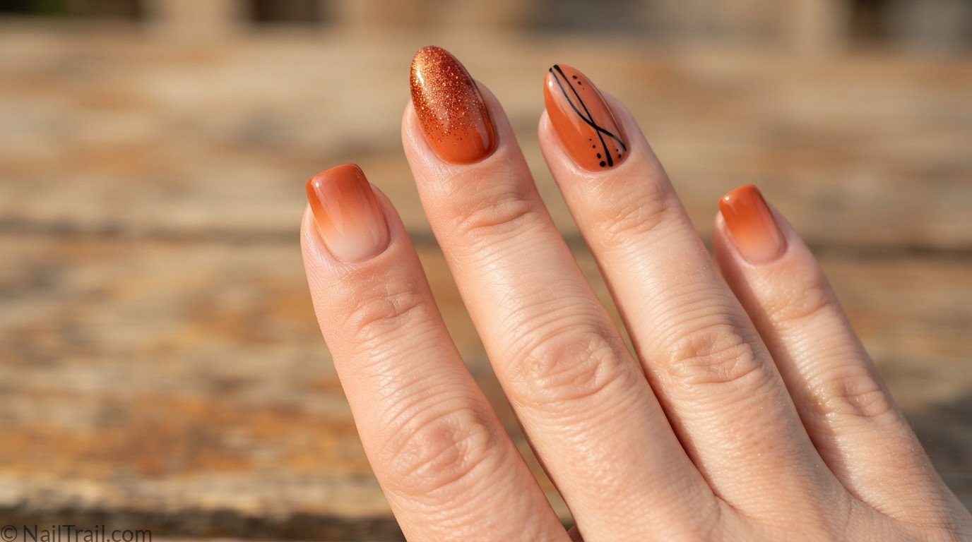 burnt orange ombre nails short glitter almond black accent glossy variety fall