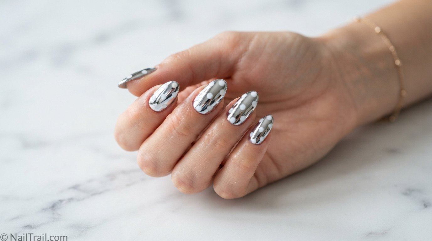 polka dot chrome nails mirror chrome white polka dots almond glossy metallic elegant
