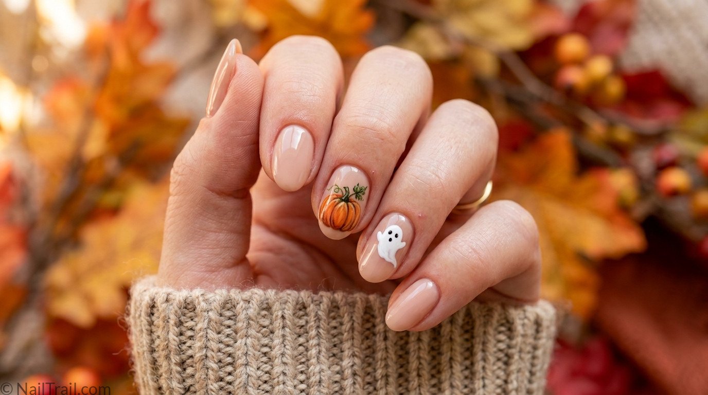 cute pumpkin nails nude almond orange pumpkin ghost autumn 2026 simple adorable