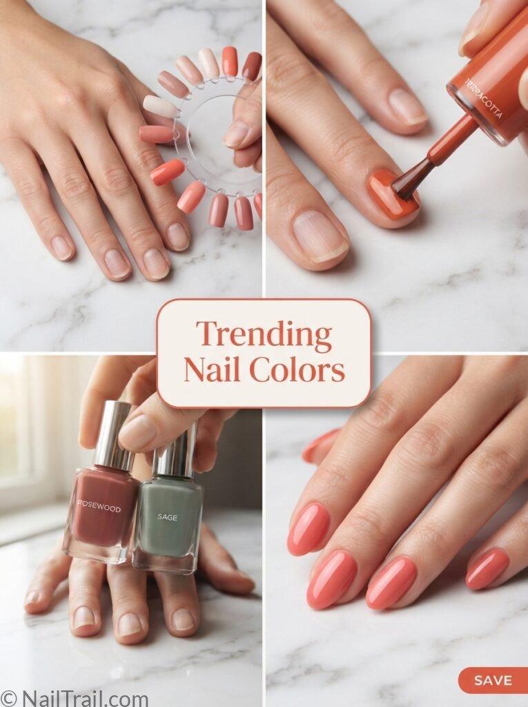 Collage showing how to pick and apply trending nail colors from shade comparison to finished glossy manicure