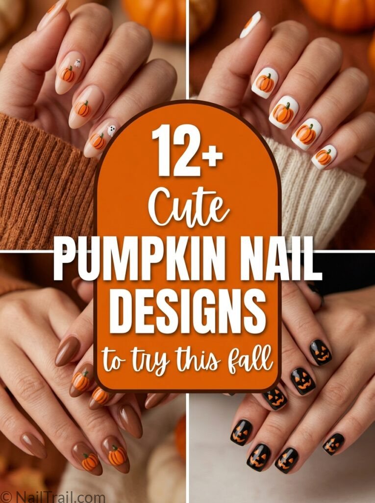 cute pumpkin nails 12 sticker nude almond white short brown black orange fall 2026 adorable collage