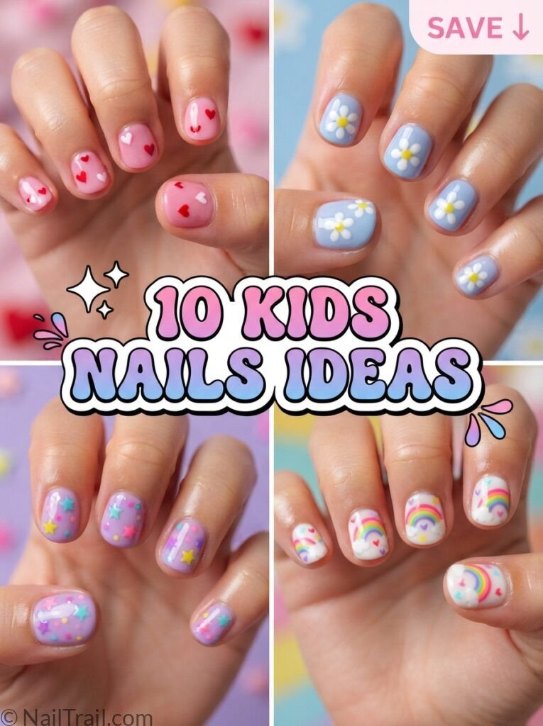kids nails ideas collage pink heart flower star rainbow glossy bubble text