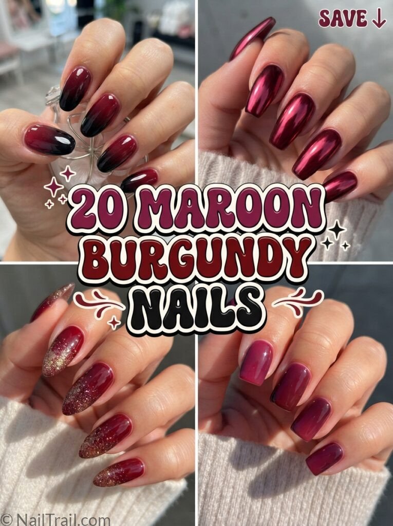 maroon ombre nails burgundy collage classic chrome glitter color blend glossy bubble text