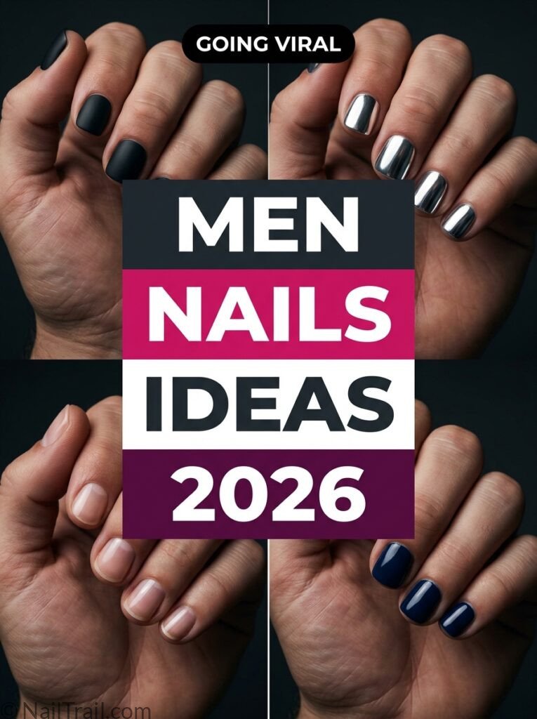 men nails ideas black chrome simple clear navy 2026 modern masculine trending collage