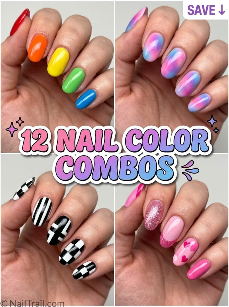 nail color combos collage skittle aura contrast multi pink glossy bubble text