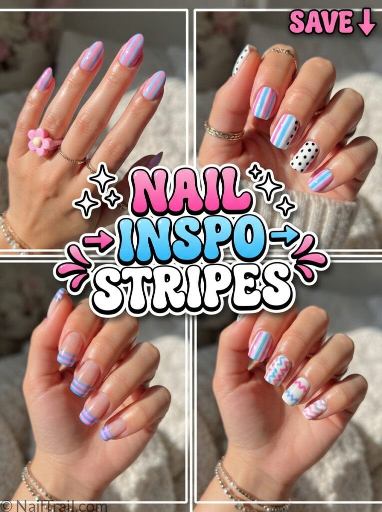 nail inspo stripes collage pink blue polka dot french tip glossy bubble text