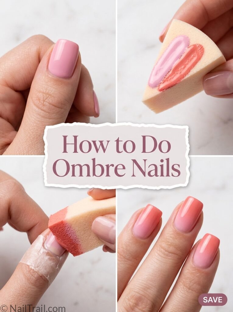 Collage showing how to do ombre nails from base color to finished sponge-blended gradient manicure