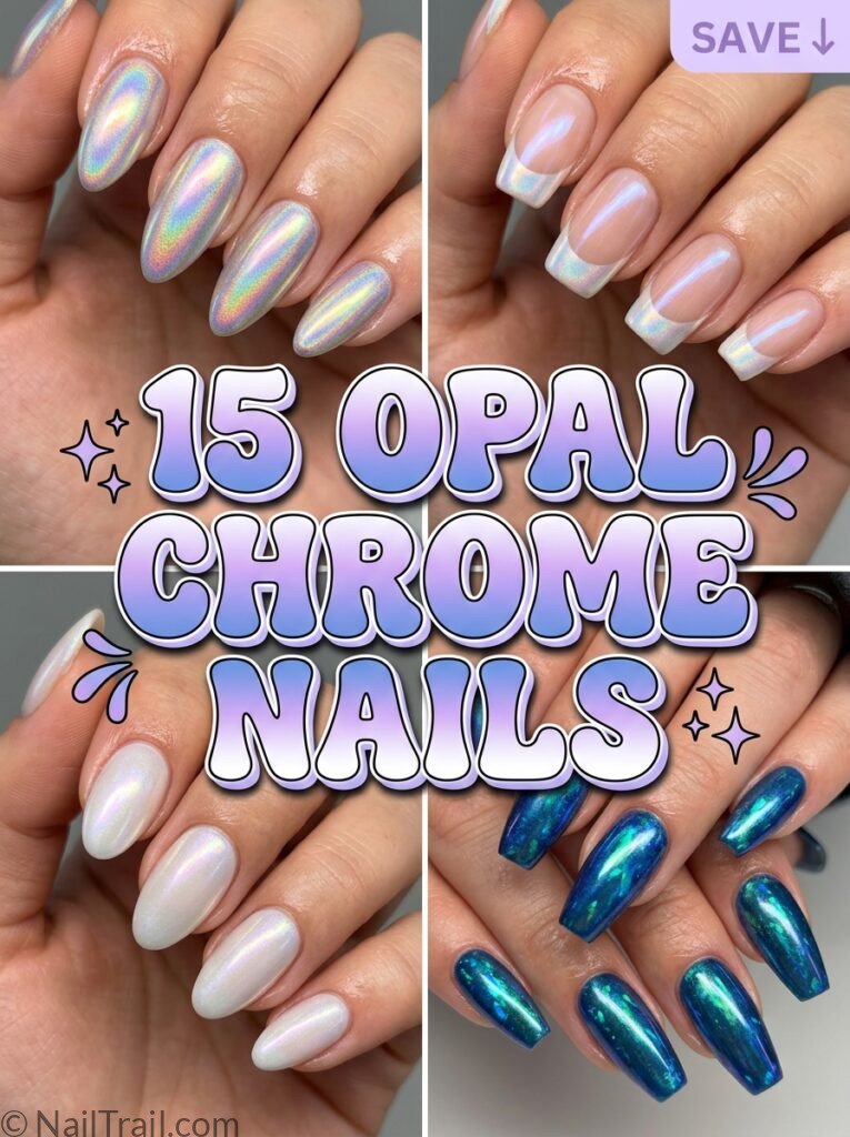 opal chrome nails collage iridescent milky white blue glossy bubble text