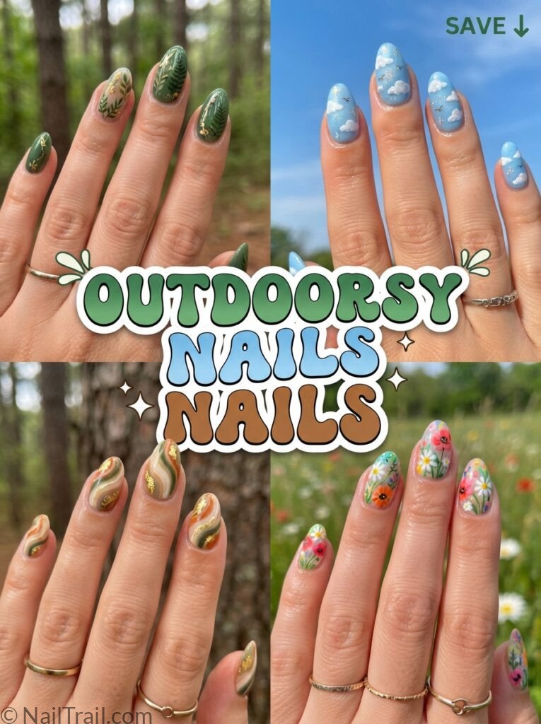 outdoorsy nails collage forest green sky blue earthy wildflower glossy bubble text