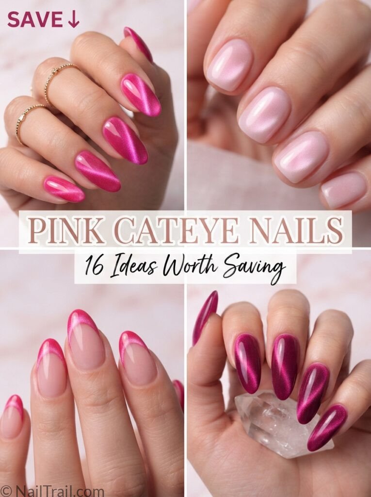 pink cateye nails collage hot pink milky french tip almond magnetic shimmer glossy