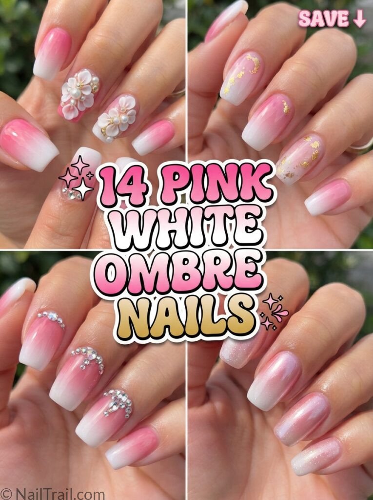 pink and white ombre nails with design collage 3d flower chrome rhinestone glossy bubble text