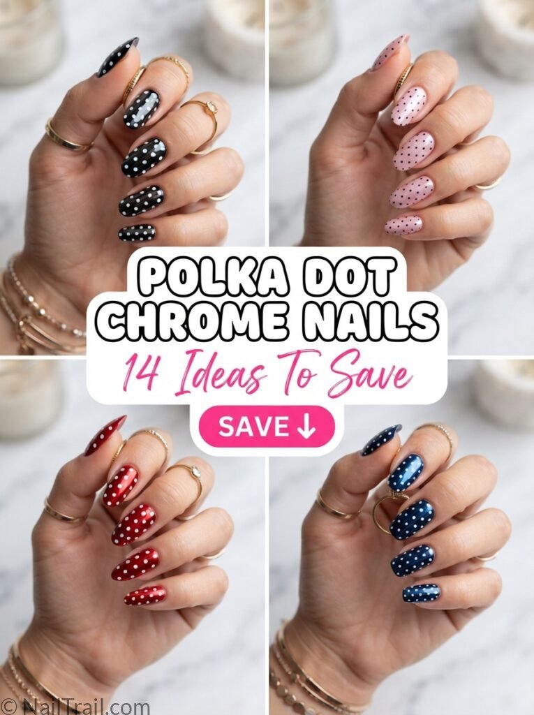 polka dot chrome nails collage black baby pink red navy mirror chrome glossy save