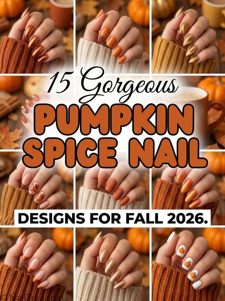 pumpkin spice nail designs 15 burnt orange chrome latte matte gold ombre french tip fall 2026 collage