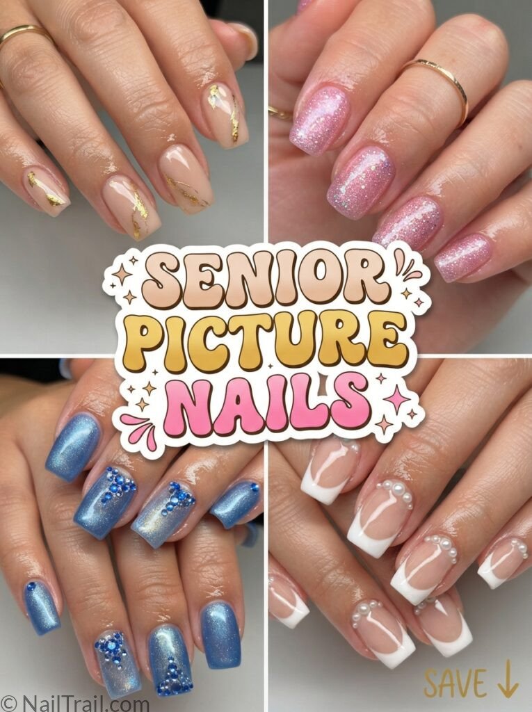 senior picture nails collage nude gold pink blue french tip glossy bubble text