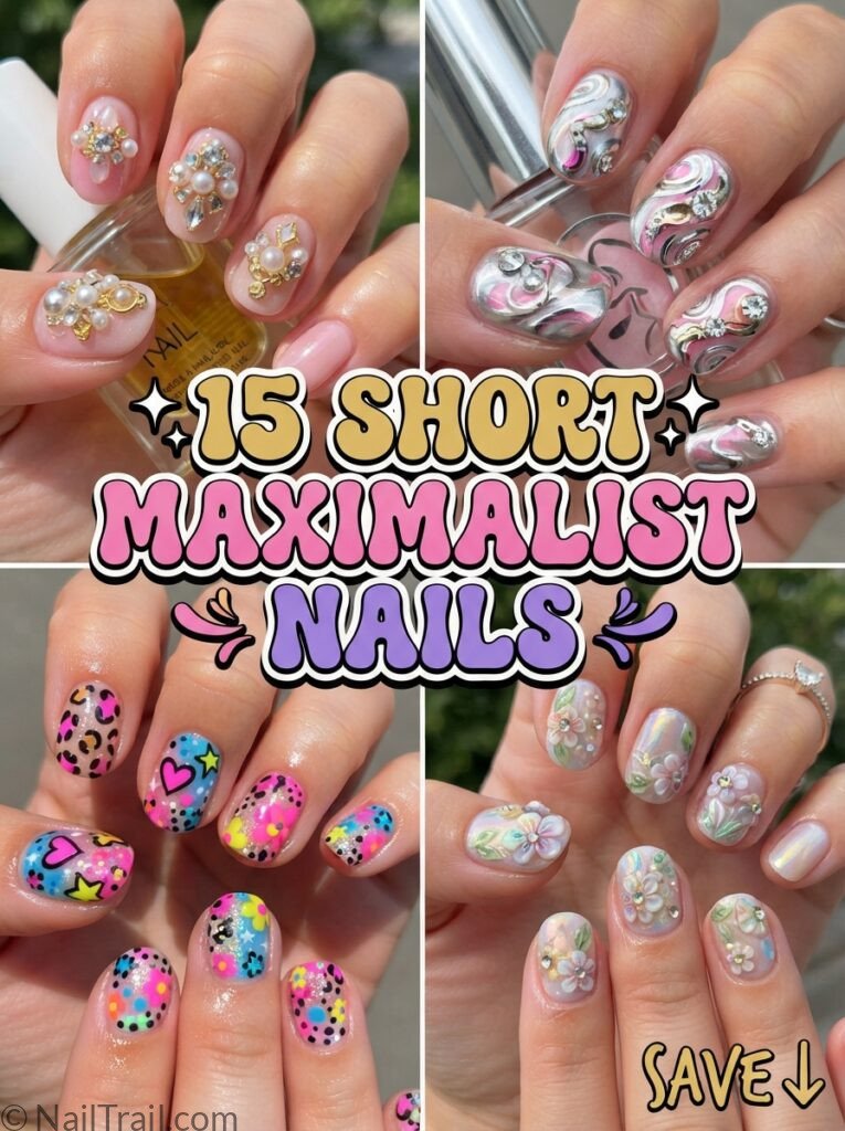 short maximalist nails collage gems chrome swirl busy pattern glossy bubble text