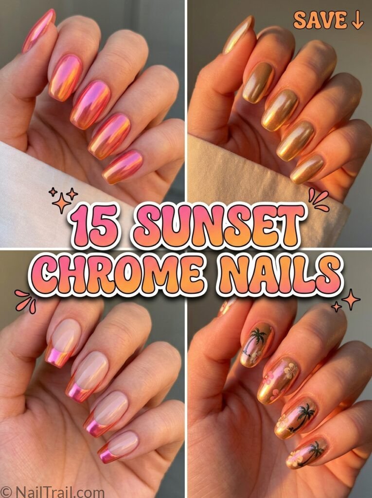 sunset chrome nails collage pink orange gold french tip tropical glossy bubble text