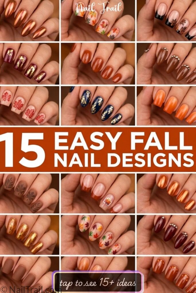 easy fall nail designs 15 chrome leaf art burgundy gold foil navy rust orange autumn 2026 collage stunning