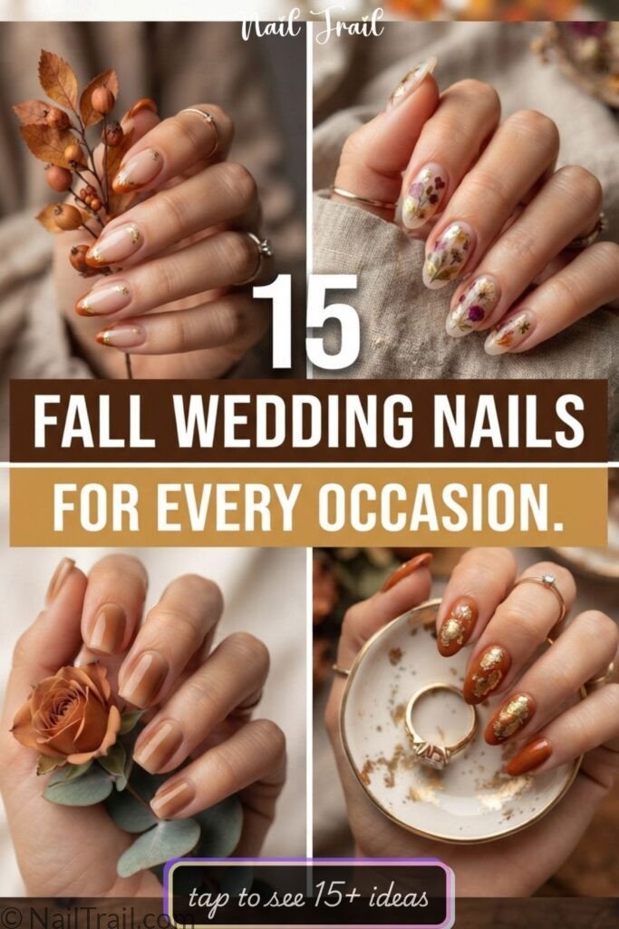 fall wedding nails 15 bride almond bridesmaid burnt orange guest neutral burgundy gold autumn 2026 collage stunning