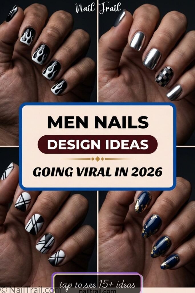 men nails design ideas black flame chrome checkered geometric black white 2026 collage masculine trending