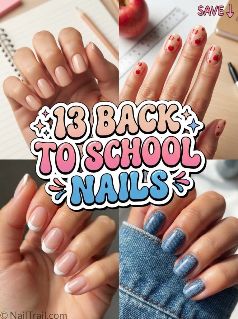 back to school nails collage nude apple french tip blue glossy bubble text