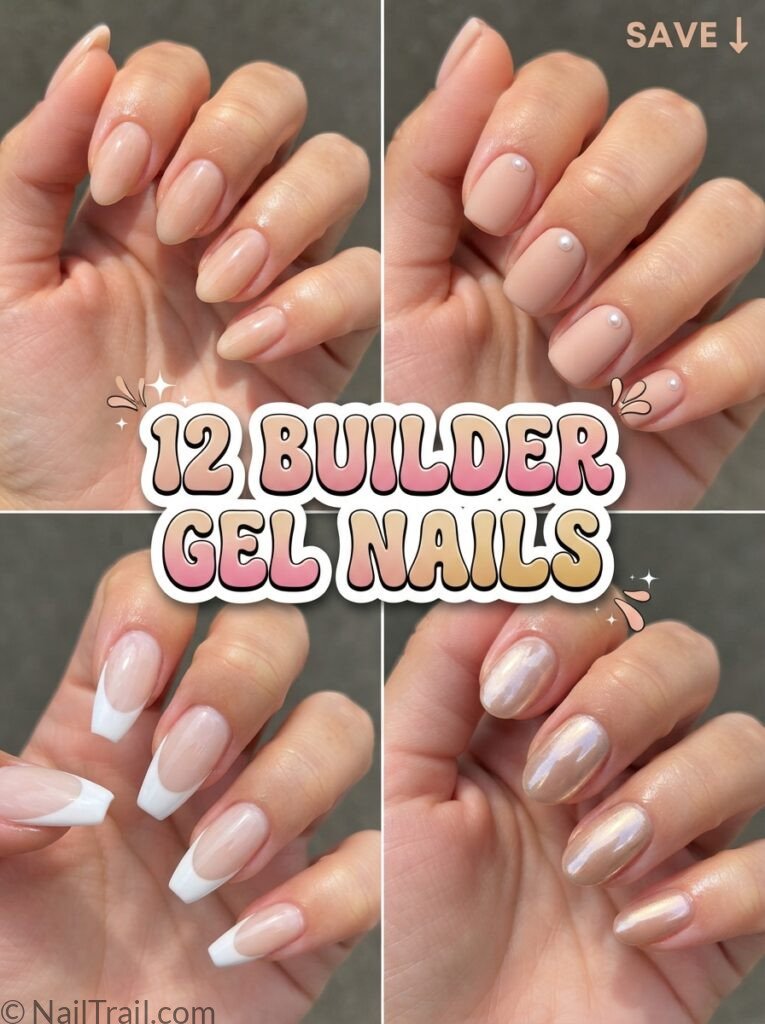 natural builder gel nails collage nude matte french tip chrome glossy bubble text