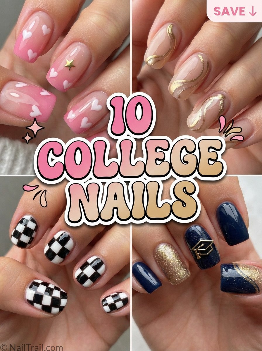 college nails collage pink heart gold swirl checkerboard glossy bubble text