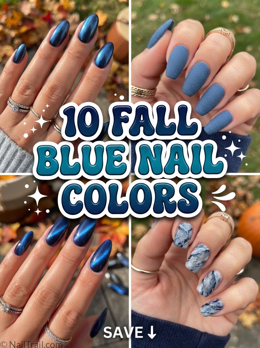 collage of 10 fall blue nail color ideas including navy chrome and matte denim designs