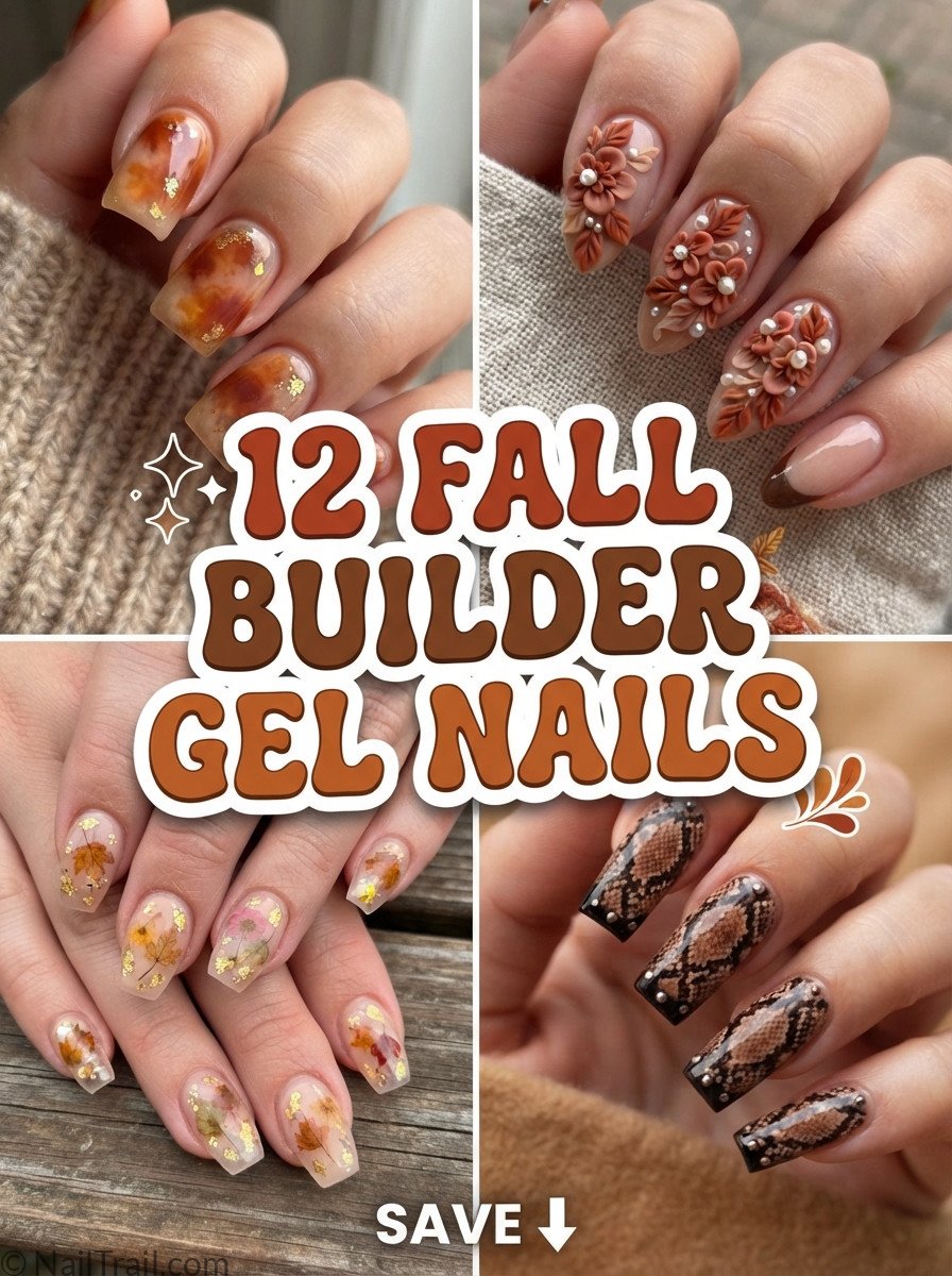 Pinterest collage of 12 fall builder gel nail ideas including aura cloud and sculpted 3D floral designs