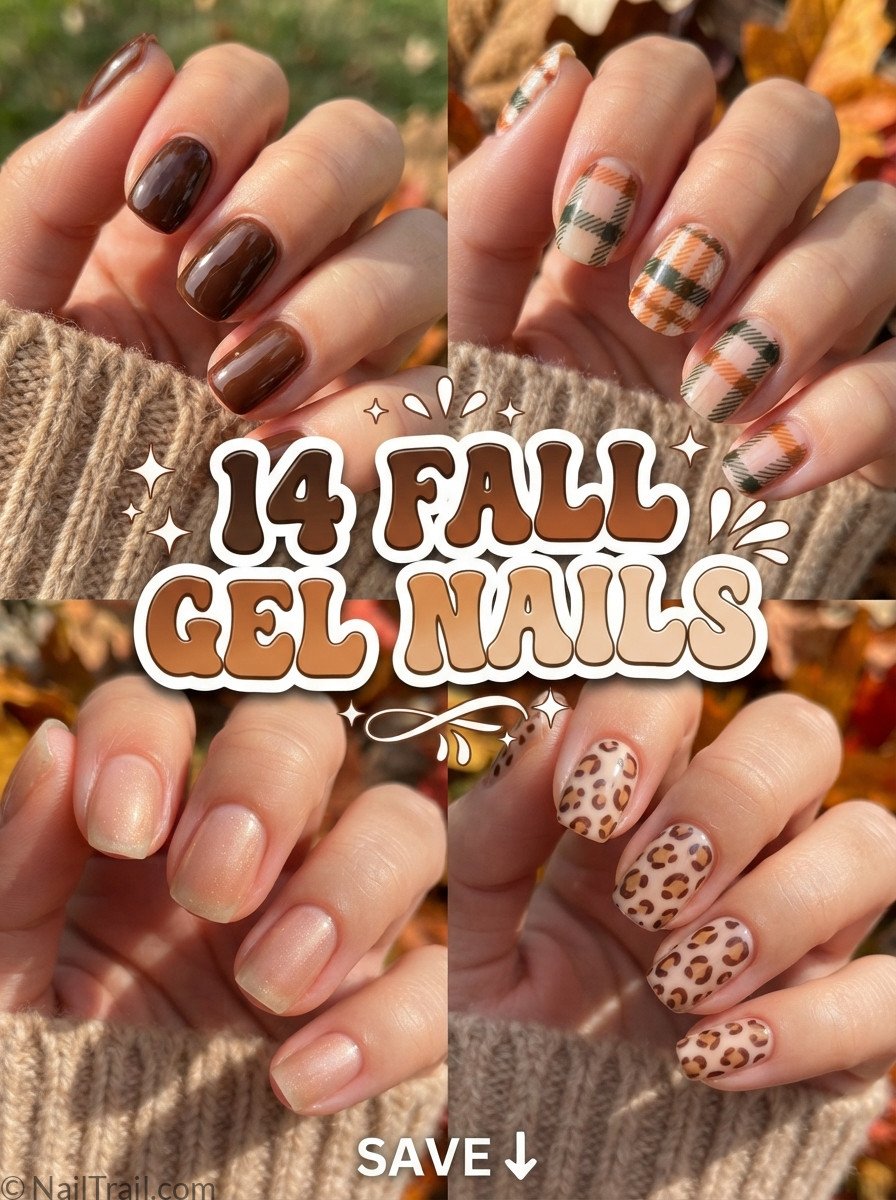 Pinterest collage of 14 fall gel nail ideas including glazed espresso and plaid stamped designs