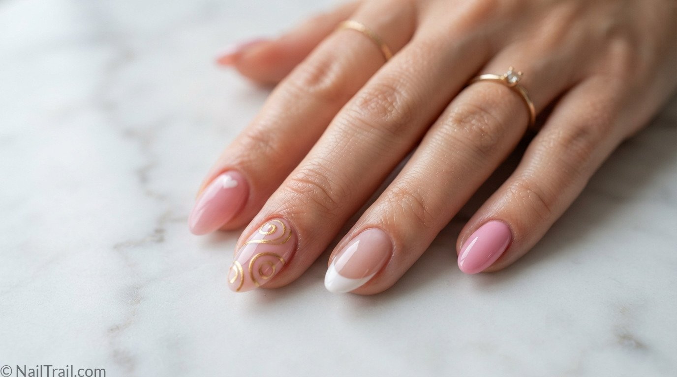 college nails pink heart gold swirl french tip glossy variety cute elegant