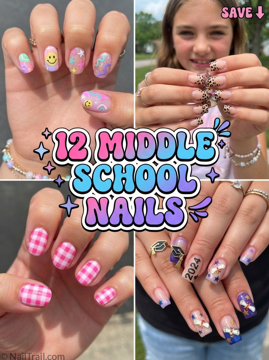 middle school nails collage mix match cheetah gingham glossy bubble text
