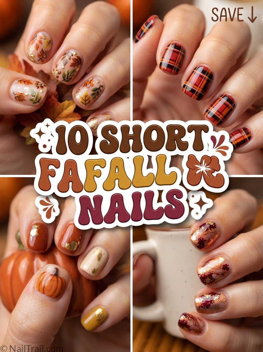 short fall nails collage plaid leaf pumpkin marble glossy bubble text