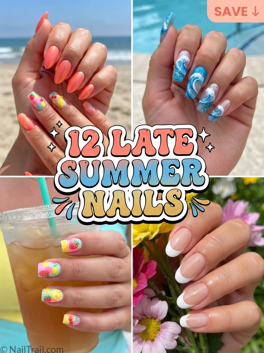 late summer nails collage coral blue fruit french tip glossy bubble text