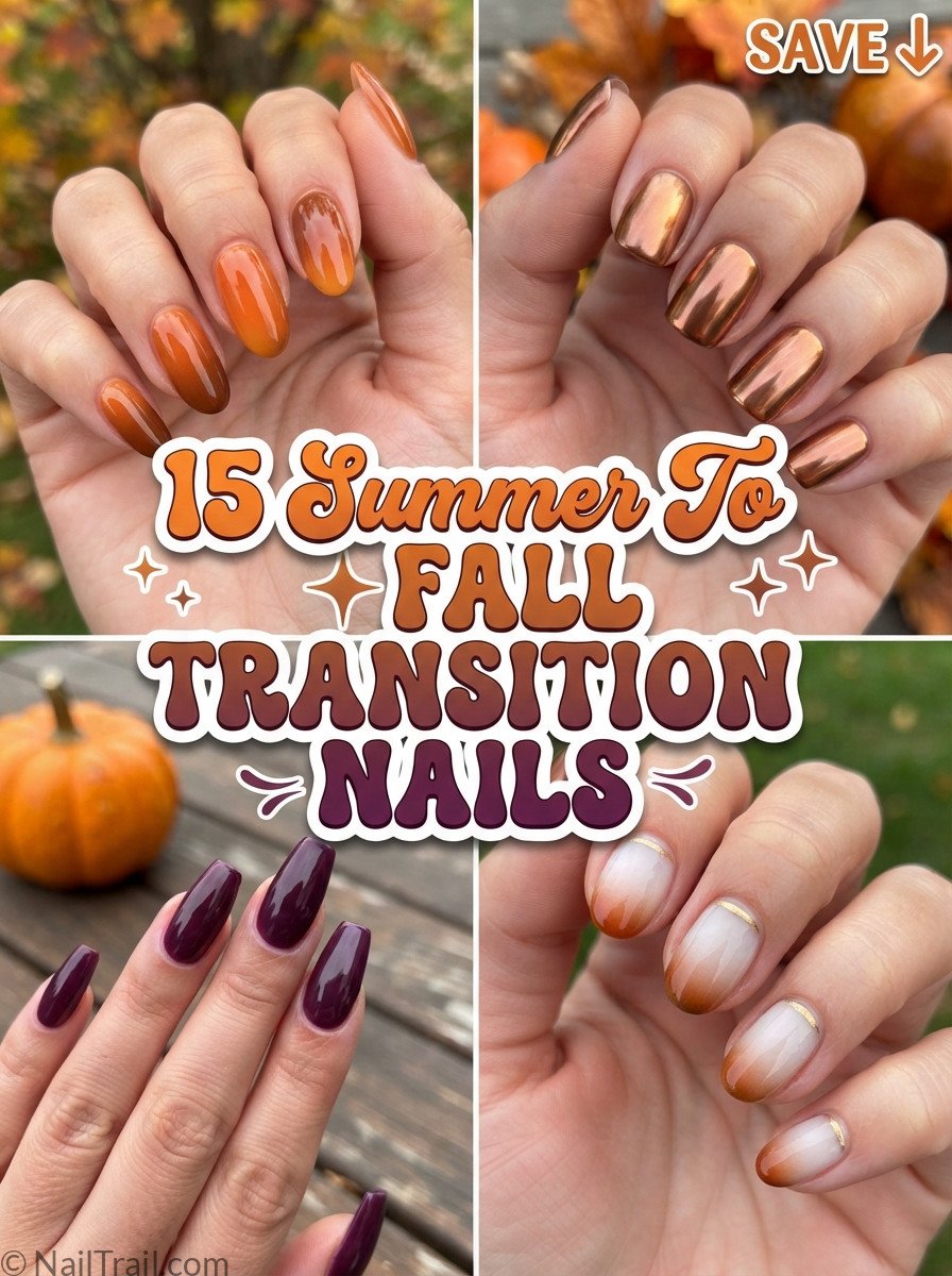 summer to fall transition nails collage orange brown chrome plum glossy bubble text