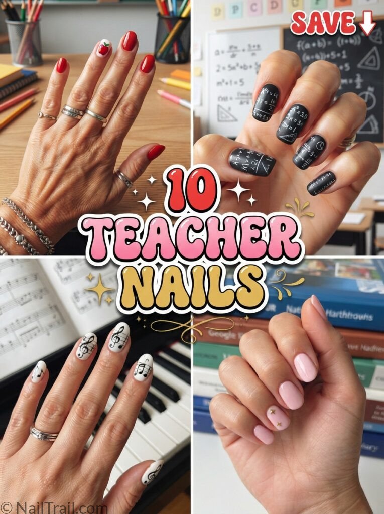teacher nails collage apple chalkboard music pink glossy bubble text